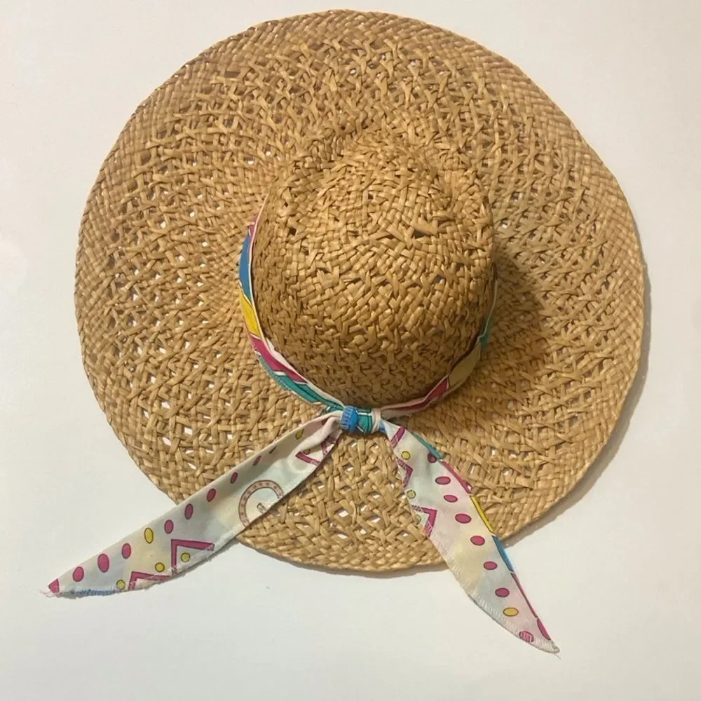 VTG, Chic Straw Hawaiian Unisex Hat With Colorful Scarf - Picture 3 of 9